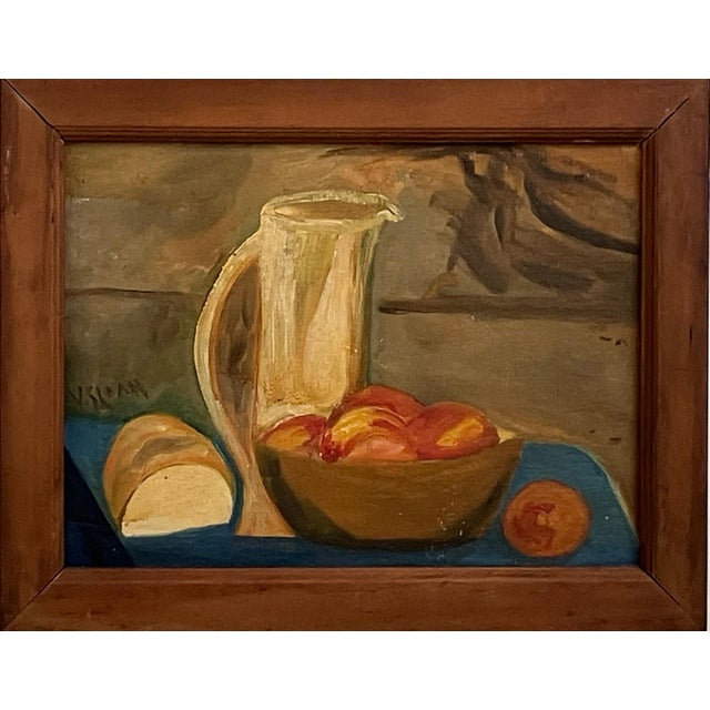 Mid-Century Still Life Oil Painting by v. Sloan – Bread, Peaches & Pitcher For Sale