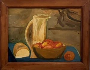 Mid-Century Still Life Oil Painting by v. Sloan – Bread, Peaches & Pitcher