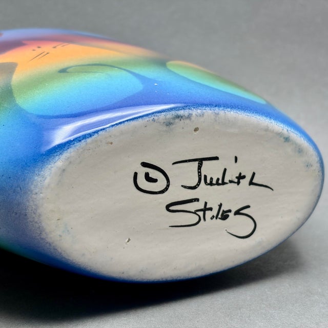 Blue Vintage Judith Stiles Ceramic Oval Vase With Airbrushed Rainbow Cats and Hearts Design For Sale - Image 8 of 8