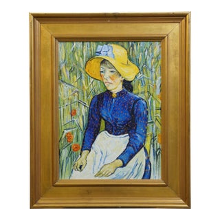 Late 20th Century Peasant Woman Straw Hat Wheat Background Portrait Oil Painting Vincent Van Gogh For Sale