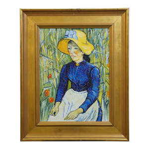 Late 20th Century Peasant Woman Straw Hat Wheat Background Portrait Oil Painting Vincent Van Gogh