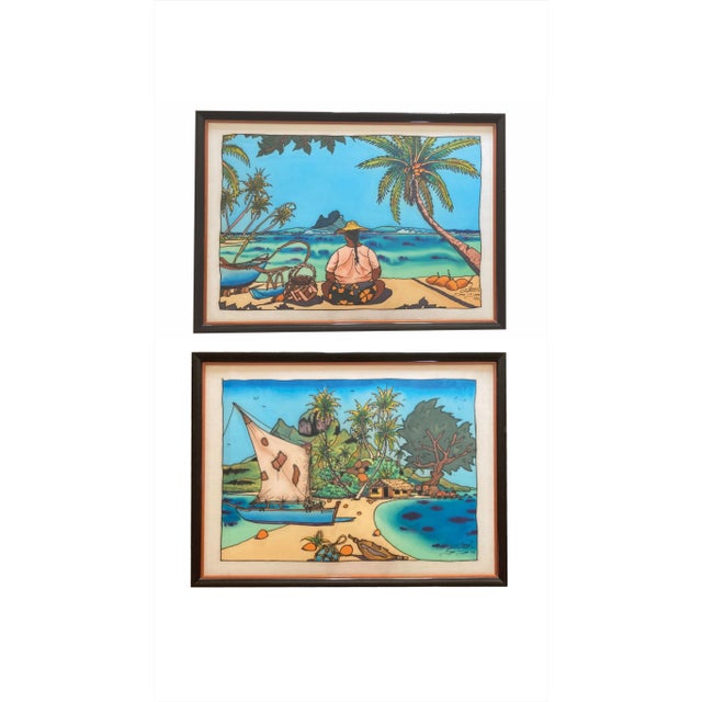 Blue 1991 French Polynesian Figurative Watercolor Paintings by Emmanuel Masson, Framed - Set of 2 For Sale - Image 8 of 8