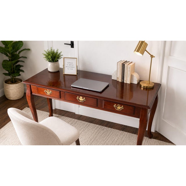 Beautiful cherry-finish writing desk featuring three functional drawers, classic brass hardware, and graceful Queen Anne-...