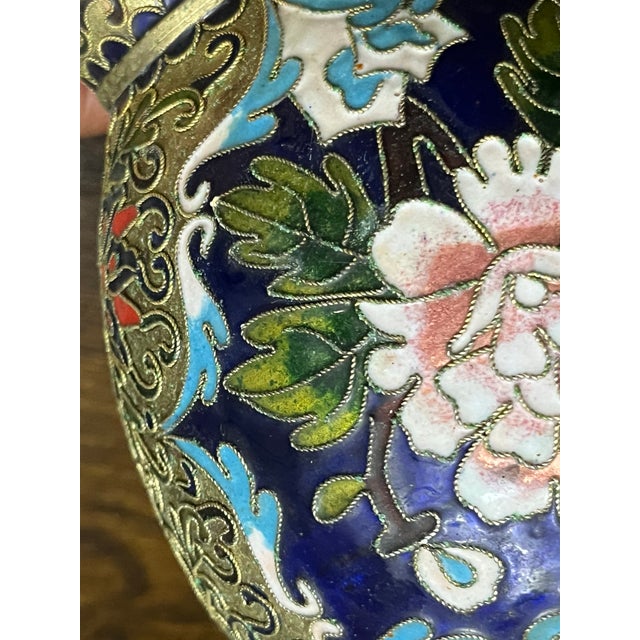 Vintage Chinese Cloisonné Enamel Vase With Pink Peony & Floral Motif, Beijing, China For Sale - Image 4 of 8