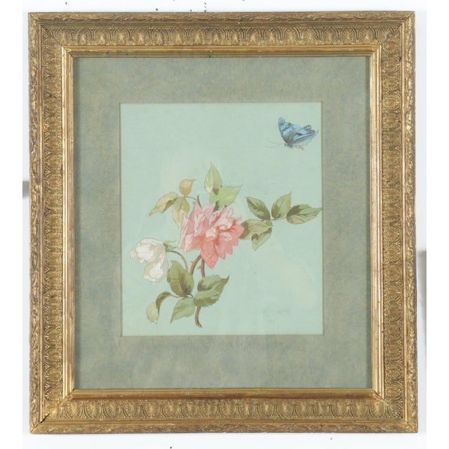 Antique 19th Century American Floral Botanical Watercolor Study of a Rose and Butterfly Signed Copely in Gilt Frame For Sale - Image 10 of 10