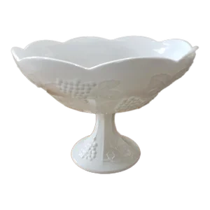1970s Indiana White Milk Glass Pedestal Centerpiece Scalloped Edge Bowl With Grapes & Leaves Motif