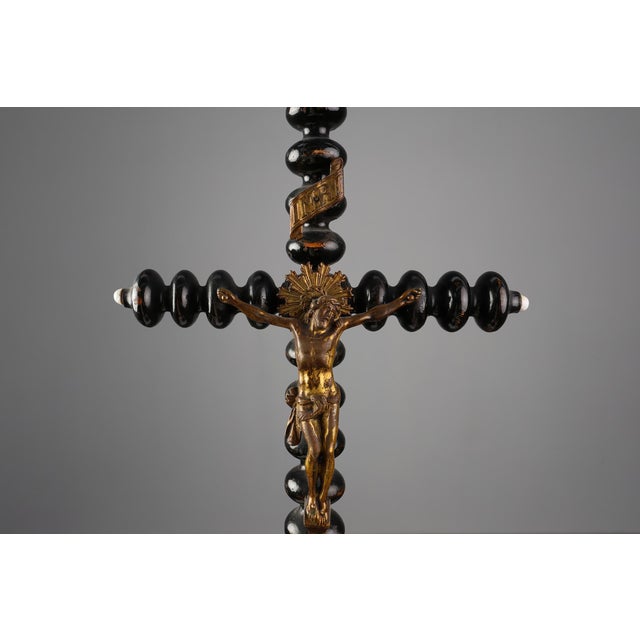 Antique French Wood and Brass Crucifix, 1800s For Sale - Image 3 of 14