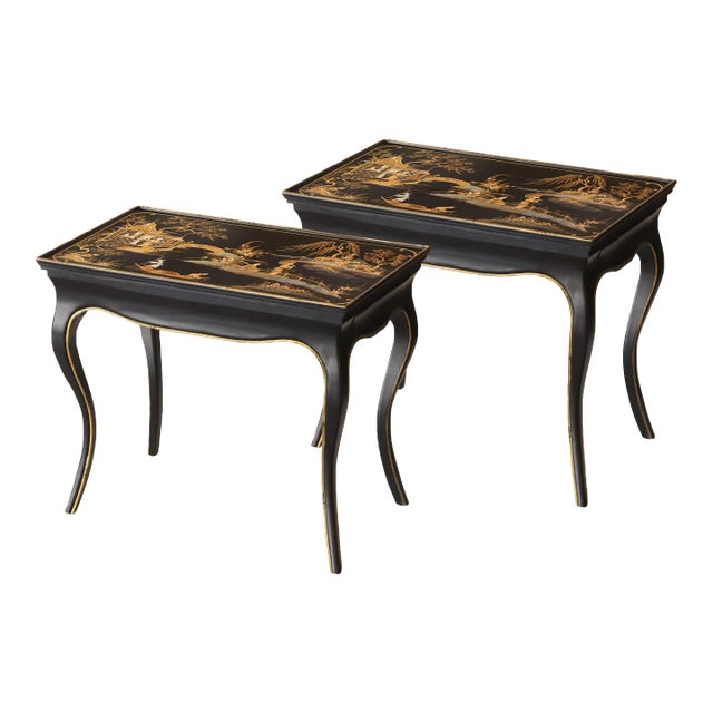 Pair Elegant Chinese Chippendale Style Black Lacquer and Gold Plated Trim Side Table, Sofa Side Table. For Sale