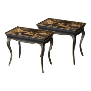 Pair Elegant Chinese Chippendale Style Black Lacquer and Gold Plated Trim Side Table, Sofa Side Table.