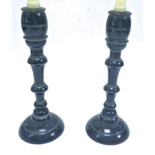 Traditional Pair Venice Scenes Ebonized Candleholders For Sale - Image 3 of 6