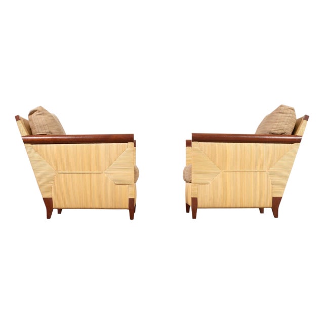 Pair John Hutton for Donghia Merbau Rattan Lounge Chairs For Sale