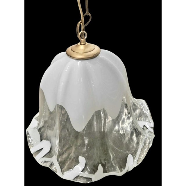 1970s Vintage Murano Glass Opaline White Clear Ruffled Tulip 1 Light Chandelier Fixture For Sale - Image 5 of 7
