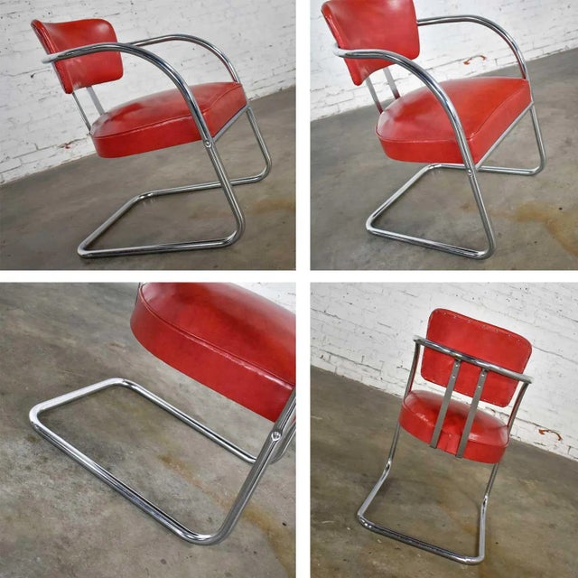 Art Deco Streamline Modern Bauhaus Accent Chair Cantilever Chrome & Red Vinyl Attributed to Kem Weber for Lloyd’s Manufacturing For Sale - Image 12 of 13