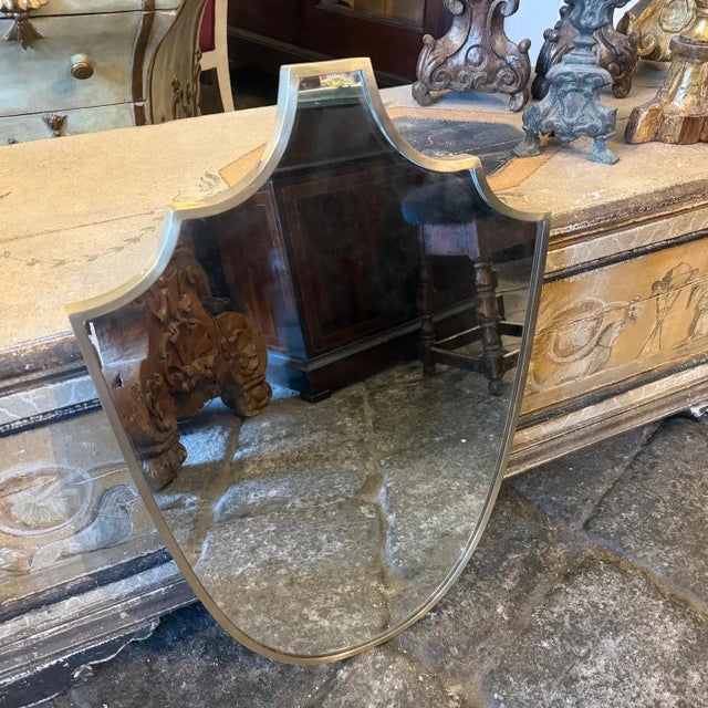 1950s Gio Ponti Style Mid-Century Modern Solid Brass Shield Wall Mirror For Sale - Image 11 of 14