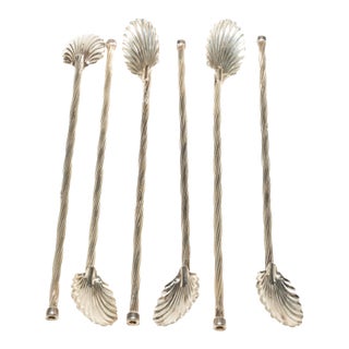 Vintage Sterling Silver Coastal Clam Shell Ice Tea Spoons, Set of 6, 1960's For Sale