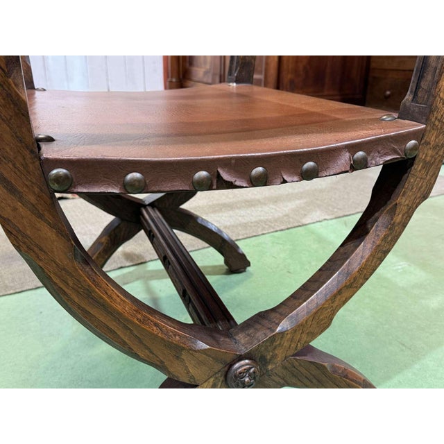 Chairs and Armchairs in Oak and Leather with Gothic Decoration, 1930s, Set of 8 For Sale - Image 14 of 18