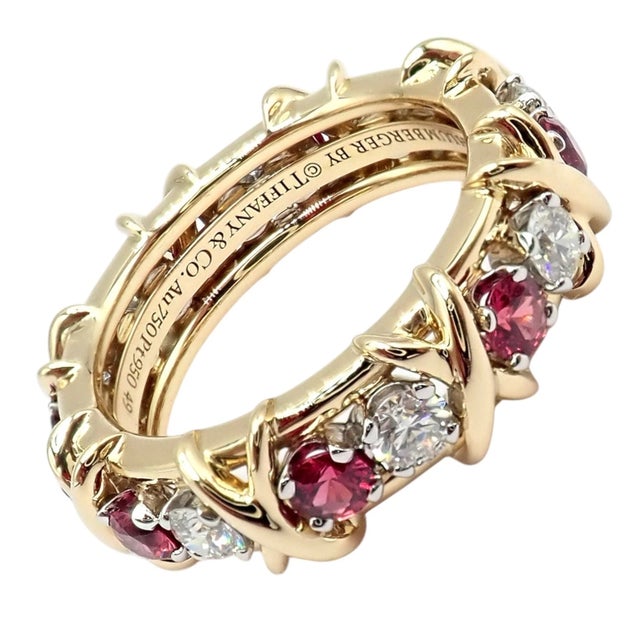 Tiffany and Co. Tiffany & Co Schlumberger Gold Platinum 16 Stone Diamond Ruby Band Ring, Size 5 For Sale - Image 4 of 14