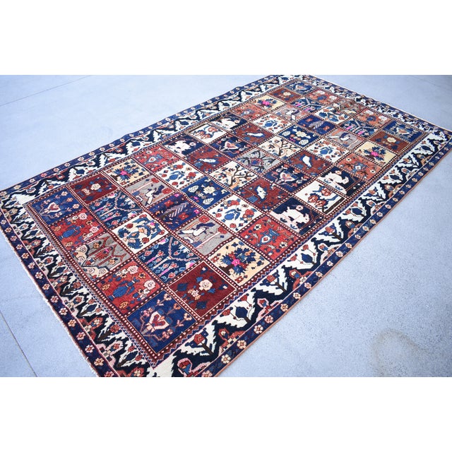 5.4 X 9.3 Ft Hand-Knotted Turkish Vintage Rug - Blue & Red Pictorial Grid Pattern For Sale - Image 4 of 10