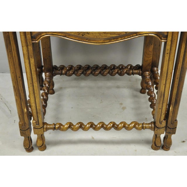Vintage Baker Barley Twist Oak Parquetry Inlay Nesting Step Lamp Side Tables For Sale - Image 12 of 15