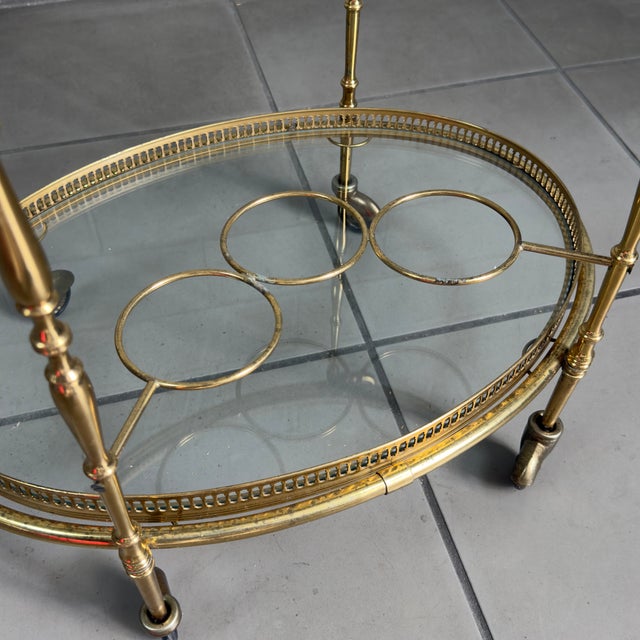 Vintage Brass Glass Food Cart in the style of Maison Jansen, 1960s For Sale - Image 11 of 15
