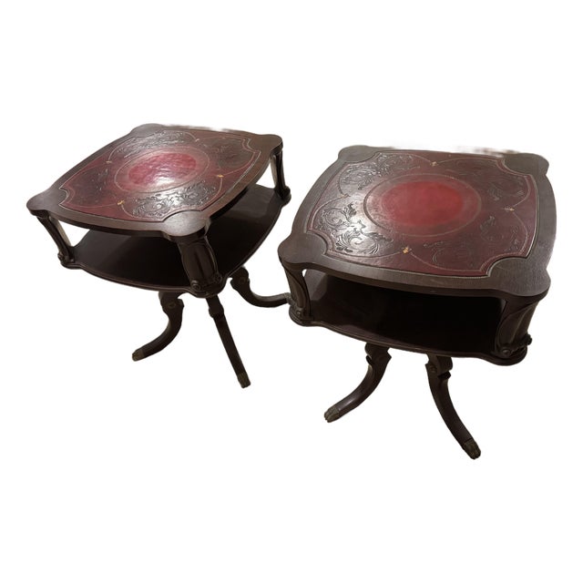 Vintage Pair of Adam Always (1930's) Red Leather Top Mahogany Tables For Sale