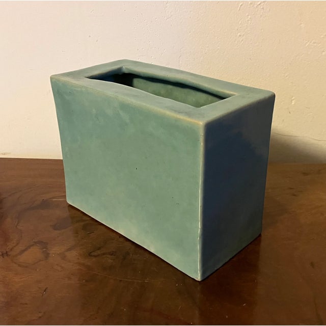 Antique early 20th century Chinese export porcelain rectangular vase with blue green aqua monochrome crackle glaze....
