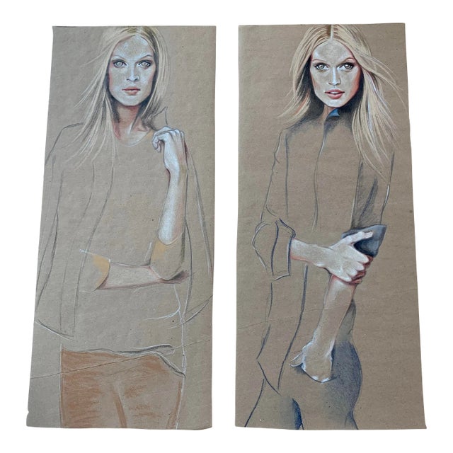 Contemporary Modern Fashion Model Illustration Figurative Drawings - Set of 2 For Sale