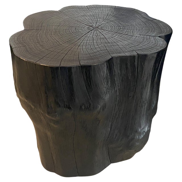 Large scale solid reclaimed teak wood side table. Charred, sanded and sealed revealing the beautiful wood grain. Please...