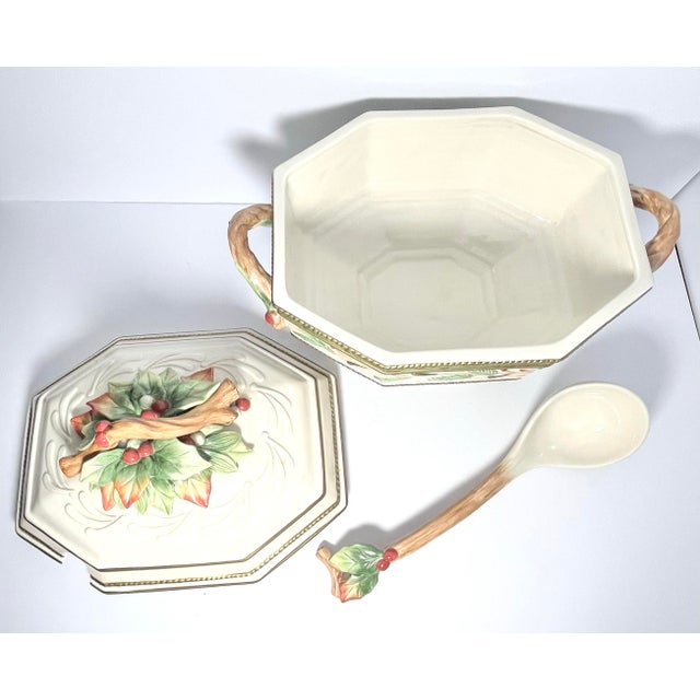 2000 - 2009 Fitz & Floyd “Winter Wonderland” Ceramic Soup Tureen W/Lid & Ladle For Sale - Image 5 of 7