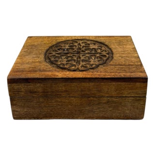 Vintage English Handcrafted Wooden Jewelry Box With Celtic Knot Carving For Sale