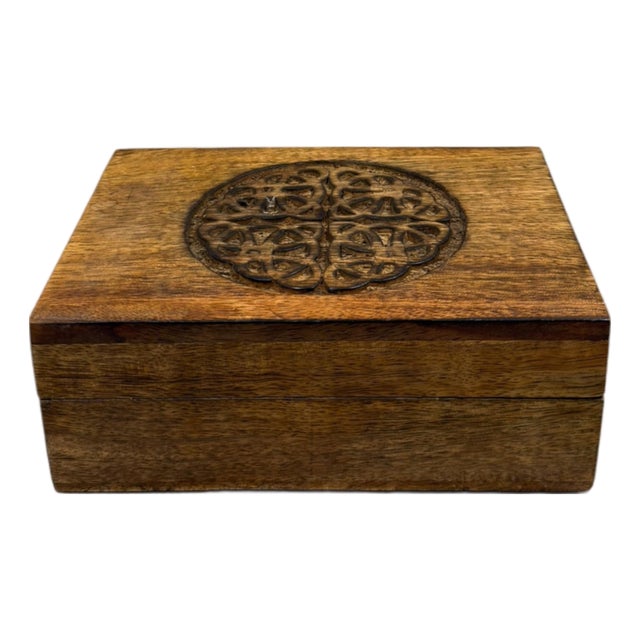 Vintage English Handcrafted Wooden Jewelry Box With Celtic Knot Carving For Sale