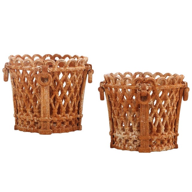 Mid 20th Century Pair of Regency Style Cast Iron Planters With Ring Handles. For Sale - Image 4 of 4