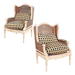 Louis XV Bergere Pair - Double Caned - Down Filled Clarence House Cushions For Sale