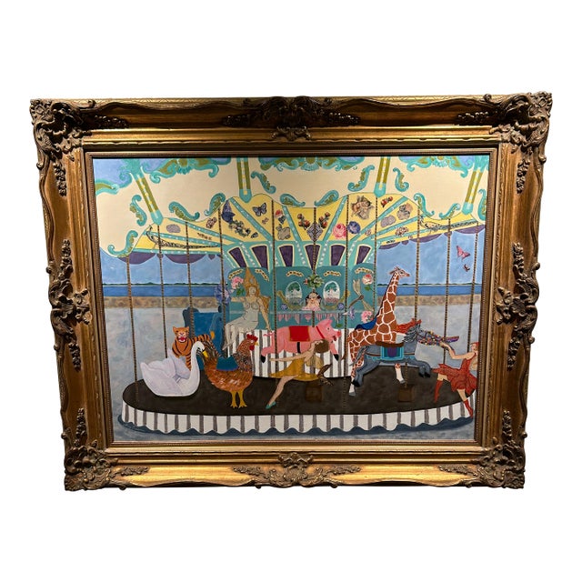Monumental Painting & Collage of Whimsical Carousel in France For Sale