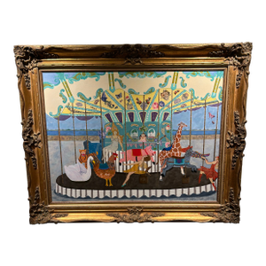 Monumental Painting & Collage of Whimsical Carousel in France