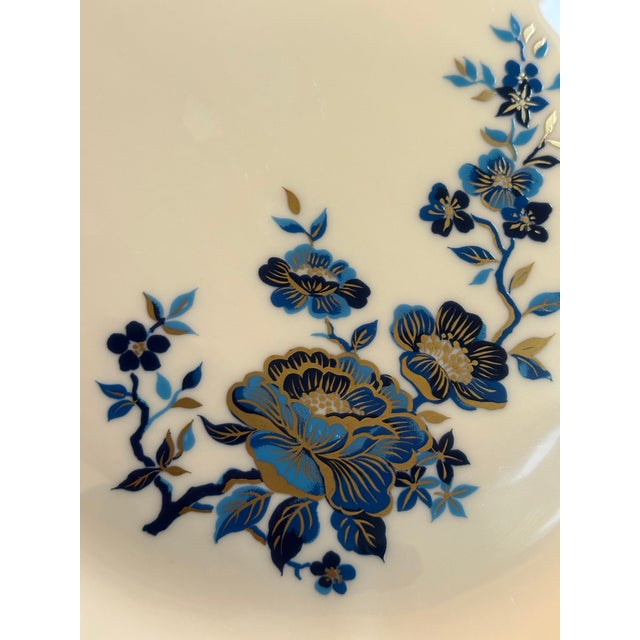 1980s Lenox "Pagoda" Pattern 11 Inches Diameter Cake Platter Scalloped Edges, Floral Design in Ivory and Blue With 24k Gold Trim For Sale - Image 17 of 18