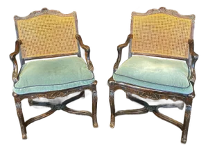 Carved & Caned French Armchairs With Mohair Cushions- A Pair