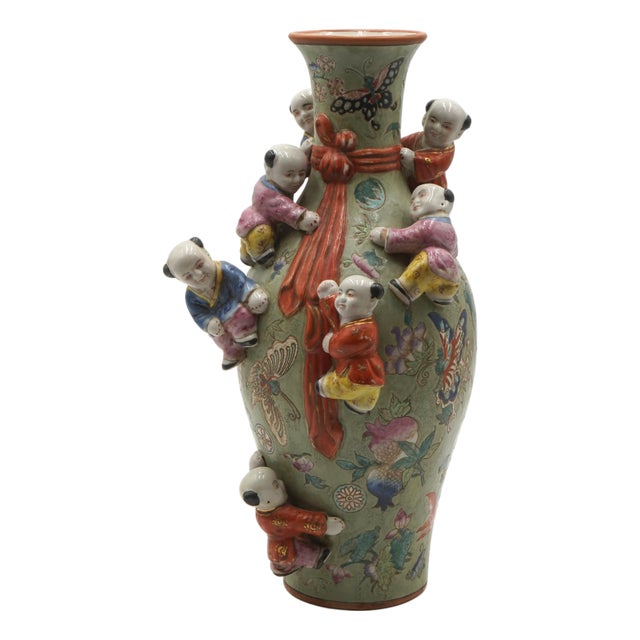 Vintage Chinese Familia Rose Seven Boys Fertility Vase For Sale
