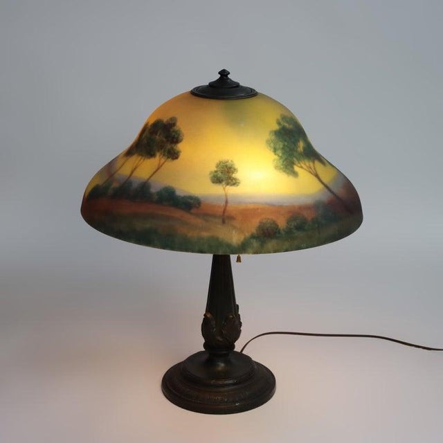 Glass 1920 Jefferson School Arts & Crafts Reverse Painted Landscape Lamp For Sale - Image 7 of 12