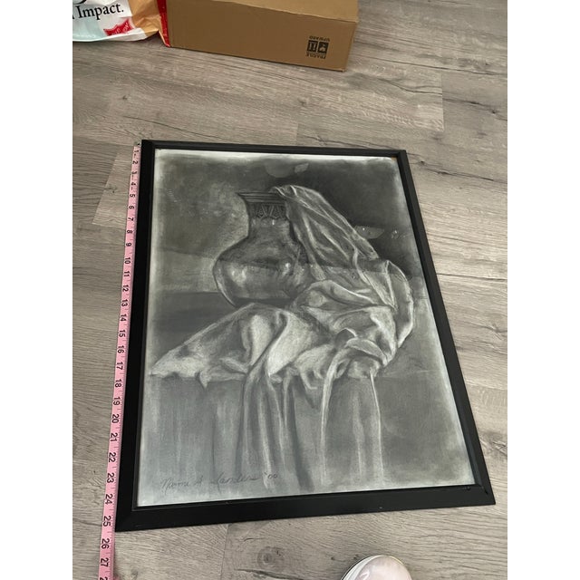 Charcoal Naomi Sanders Original Framed Charcoal Still Life Drawing of Urn and Drapery, 2000 For Sale - Image 8 of 9