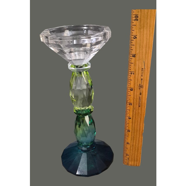 Glass Elegant Pair Bohemian Crystal Green 3-Tone Candlesticks For Sale - Image 7 of 8