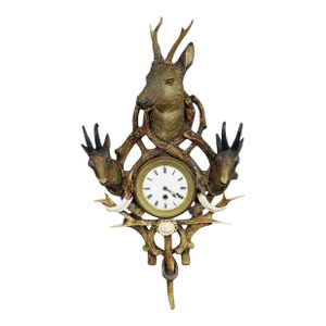 Antique Cabin Antler Wall Clock with Deer and Chamois Austria ca. 1900