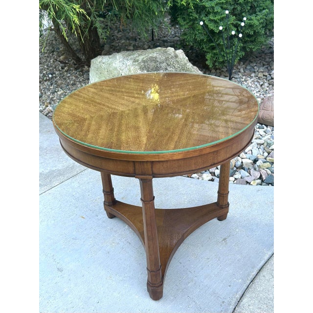 This is a vintage, Drexel Triune, mahogany, round side-table, with a glass top and three legs. Drexel Heritage Furniture...