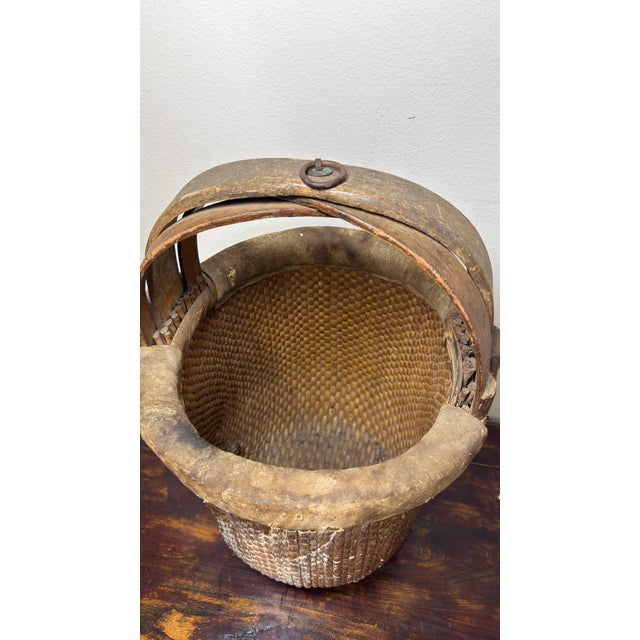 Antique 1900s Chinese Fisherman’s Basket Asian Bent Bamboo Handle Fishing Rice For Sale - Image 9 of 9