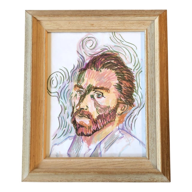 1970’s Original Colored Marker/Pencil Drawing Portrait of Van Gogh Vintage Frame For Sale