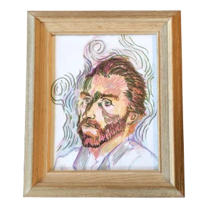 1970’s Original Colored Marker/Pencil Drawing Portrait of Van Gogh Vintage Frame