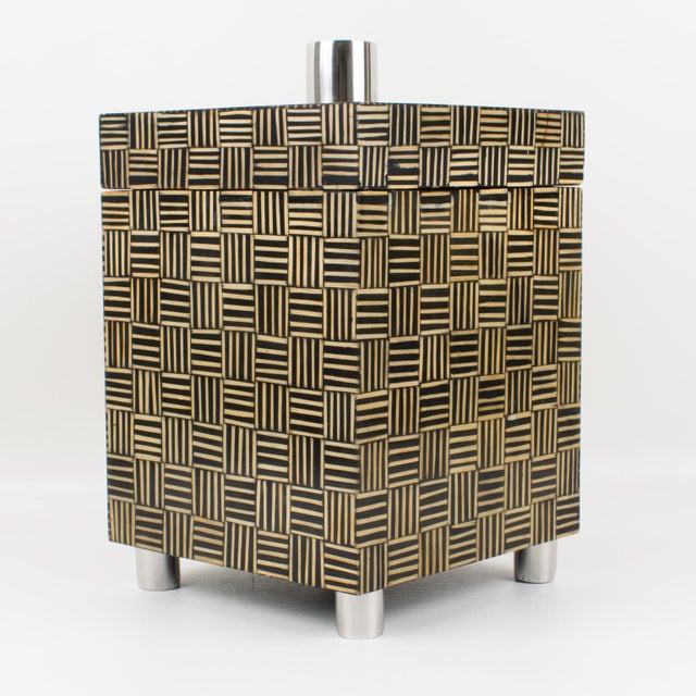 Black Modernist Tall Box with Wood Marquetry Patchwork, 1970s For Sale - Image 8 of 13