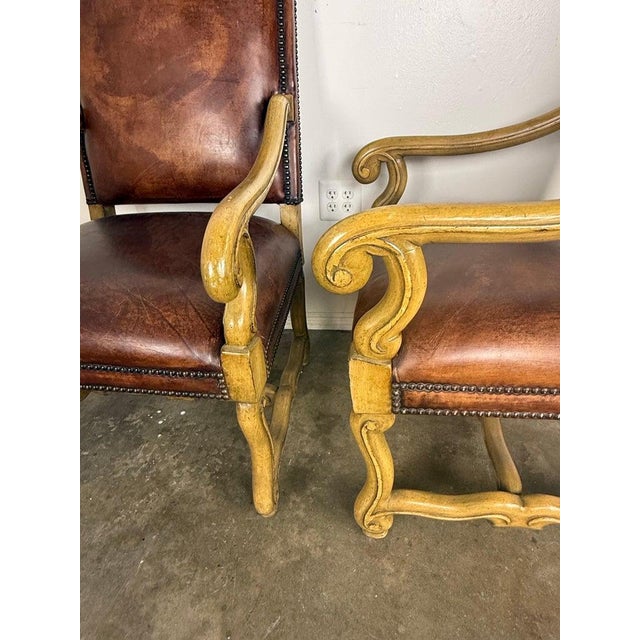 Pair of Mid-20th Century Italian Carved Armchairs With Leather Upholstery For Sale - Image 9 of 9