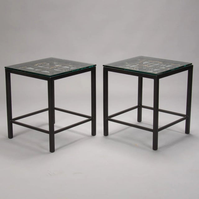 Circa 1940s French decorative metal work of woven wide black metal and narrow gold colored strands was used to make the...