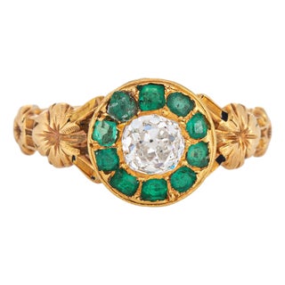 Antique Mid Victorian Ring Diamond Emerald 18k Yellow Gold Sz 6.75 Jewelry For Sale